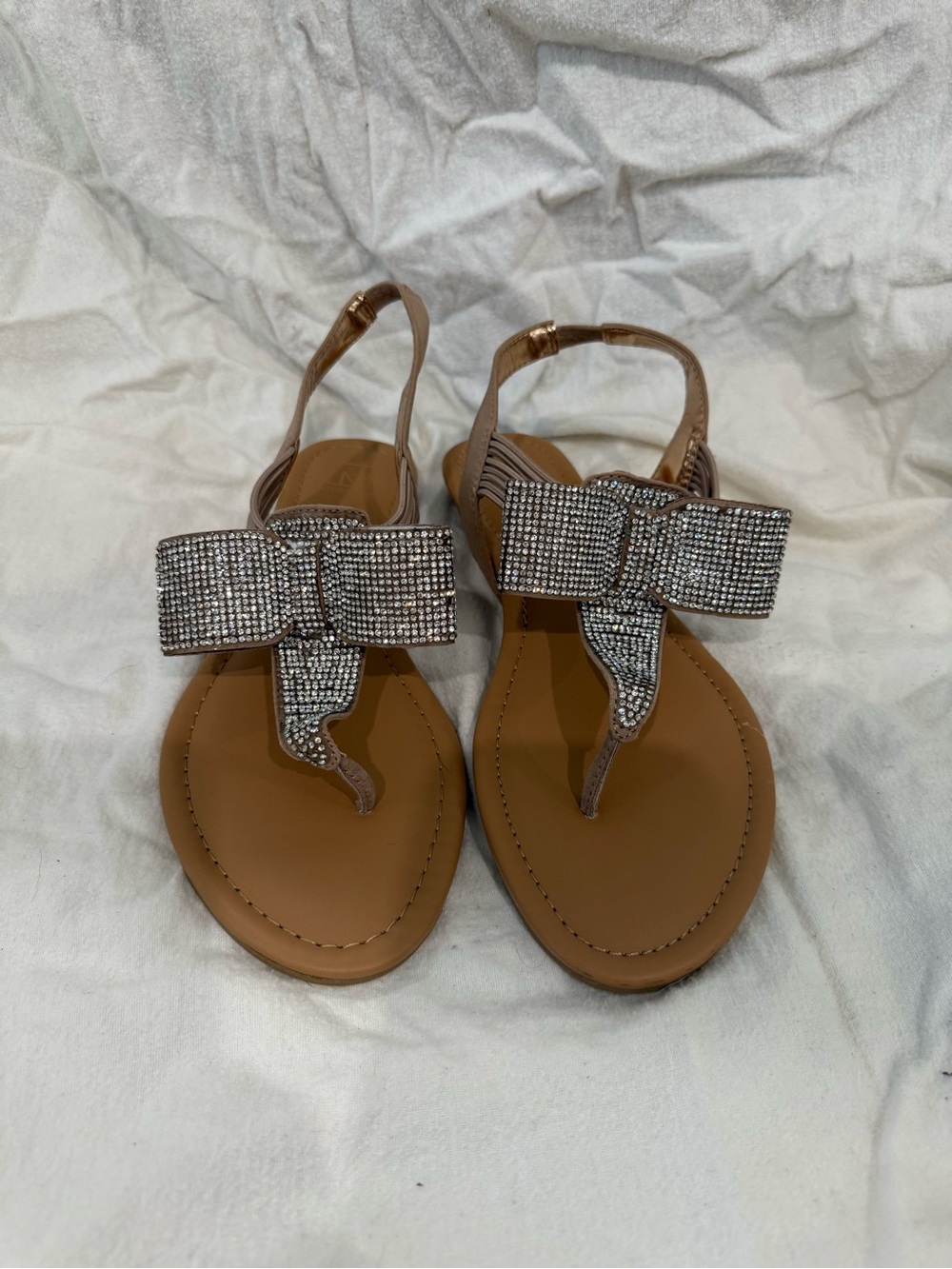 Material Girl Tan Sandals with Rhinestone Bow